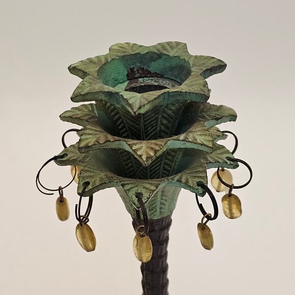 Cold Painted Brass Candlestick Set - Tropical Palm Trees with Beaded Accents - Picture 4 of 8